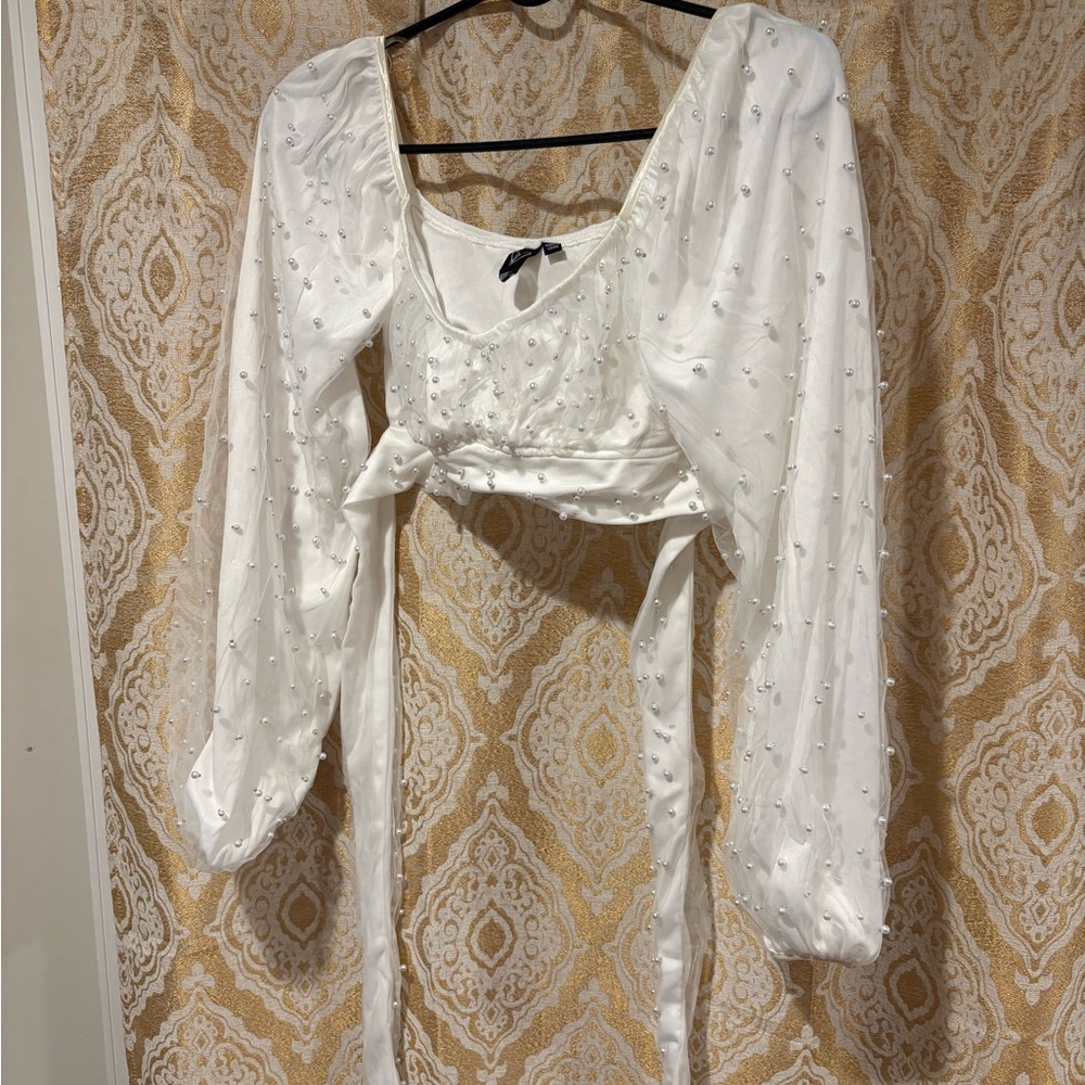 Windsor White Long Sleeve Top with Pearls
